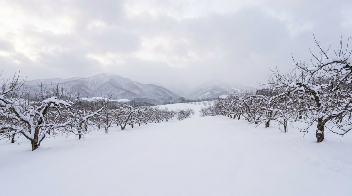 雪に覆われたリンゴ畑と遠くの雪山が広がる冬の田園風景