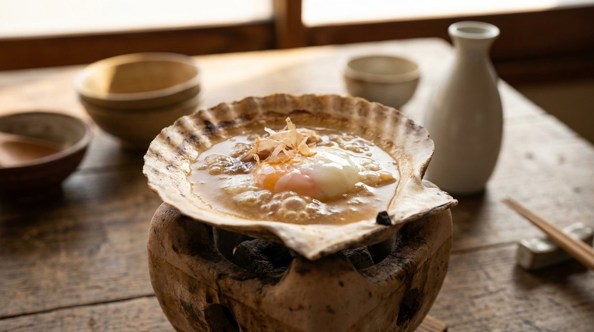 ホタテ貝の殻を鍋にして味噌と半熟卵を煮た貝焼き味噌