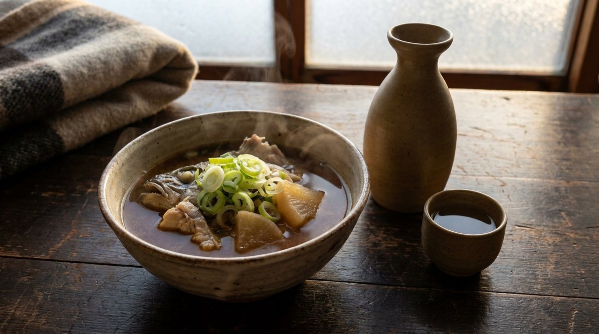 タラのあらとダイコンを煮込んだじゃっぱ汁と燗酒の徳利