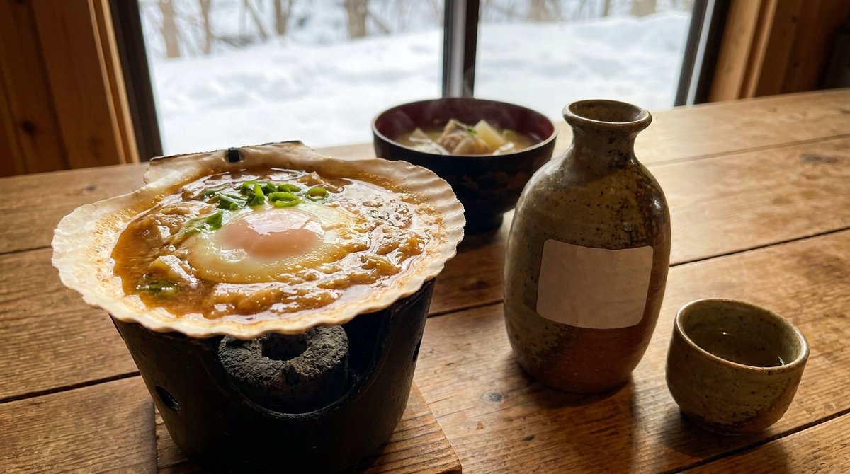ホタテの貝殻で煮た青森県の郷土料理・貝焼き味噌と、徳利とおちょこに入った地酒