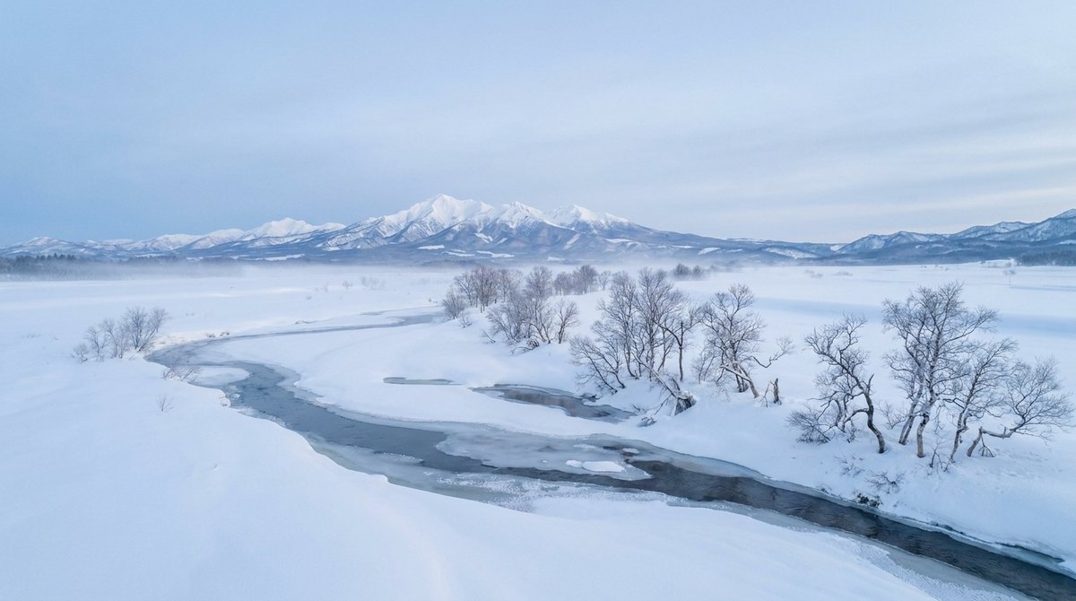 雪に覆われた広い平野と遠くの雪山、雪の中を流れる川の冬景色