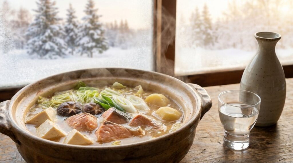 雪景色を背景に、サケと野菜を煮込んだ石狩鍋と北海道の地酒を並べた食卓