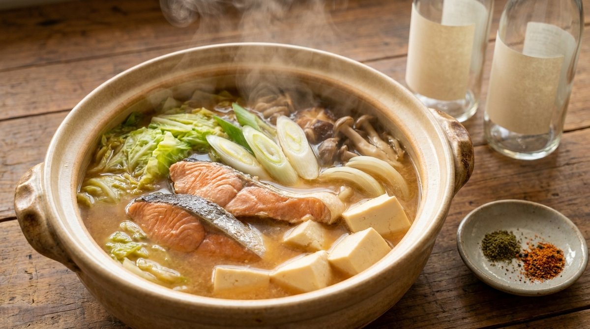 サケのぶつ切りと野菜、豆腐を味噌で煮込んだ石狩鍋