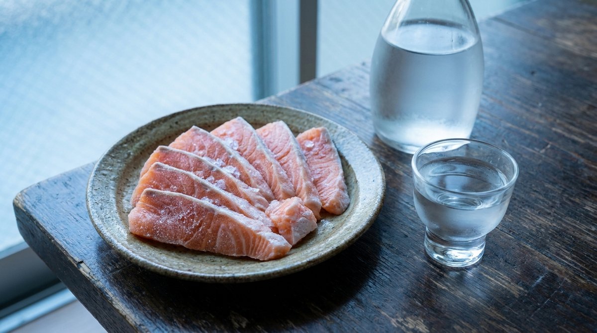 凍ったまま薄切りにしたサケのルイベと冷やした日本酒