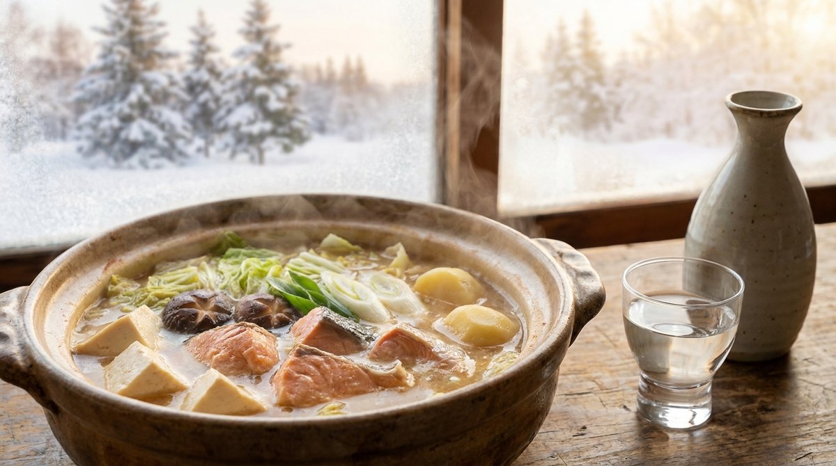 雪景色を背景に、サケと野菜を煮込んだ石狩鍋と北海道の地酒を並べた食卓