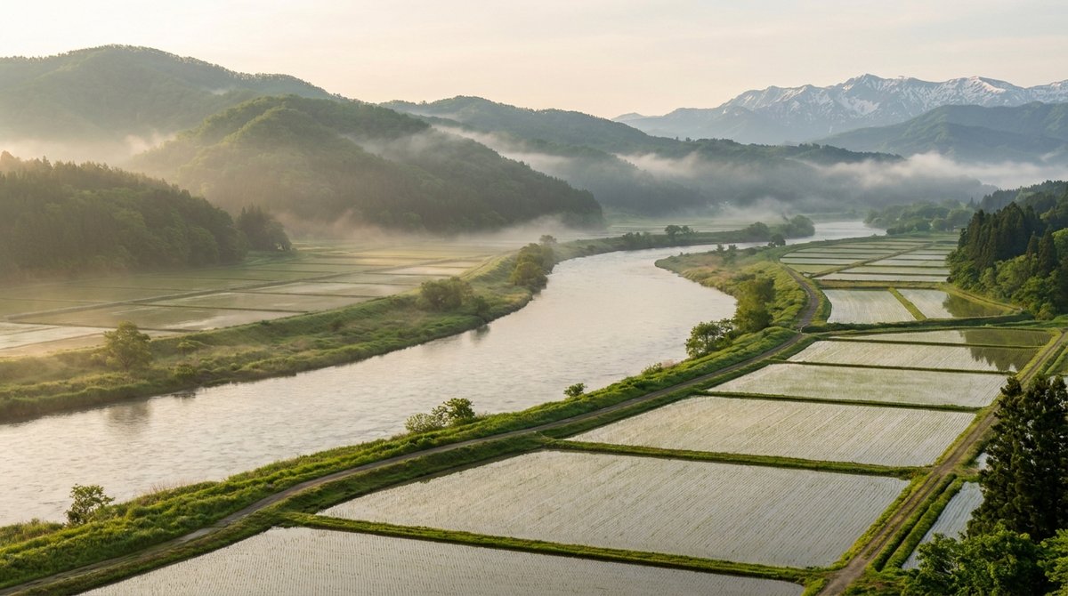 山並みに挟まれた盆地を流れる大きな川と田園の風景
