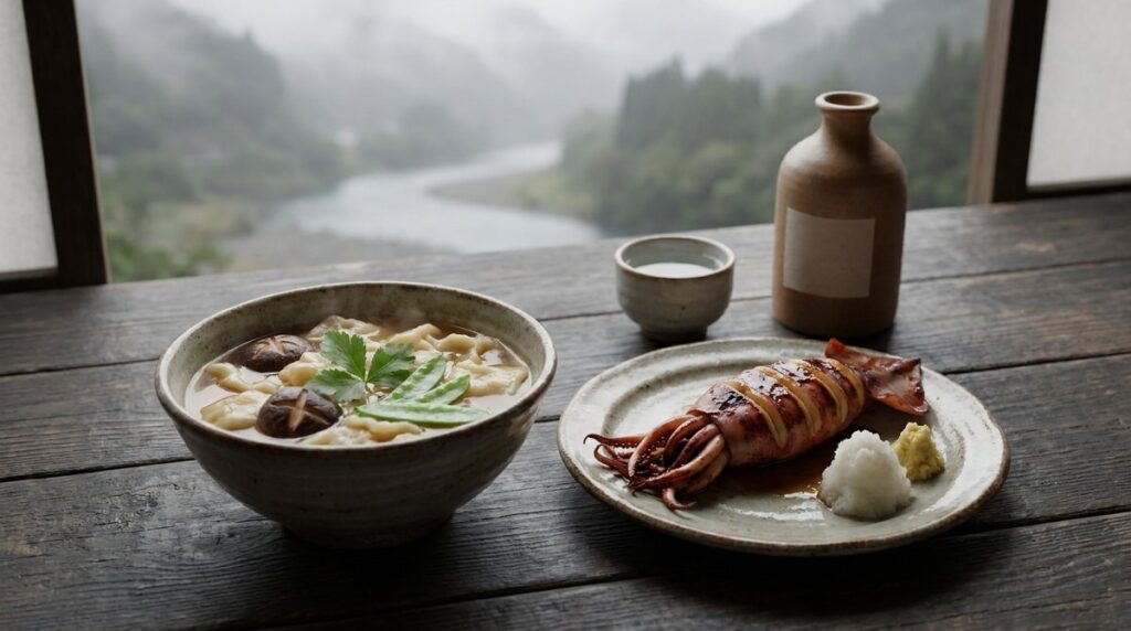 岩手県の郷土料理ひっつみとイカのぽっぽ焼、徳利とぐい呑みに注がれた地酒を並べた食卓