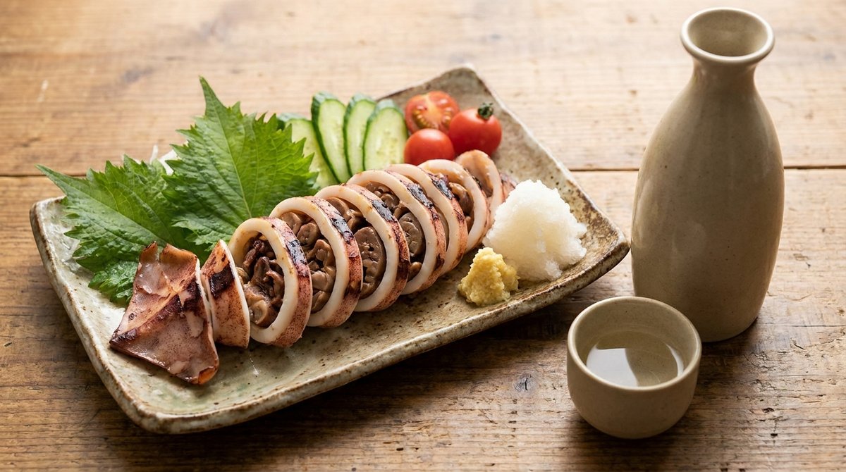 輪切りにしたイカのぽっぽ焼にダイコンおろしとショウガを添え、徳利と猪口を並べた様子