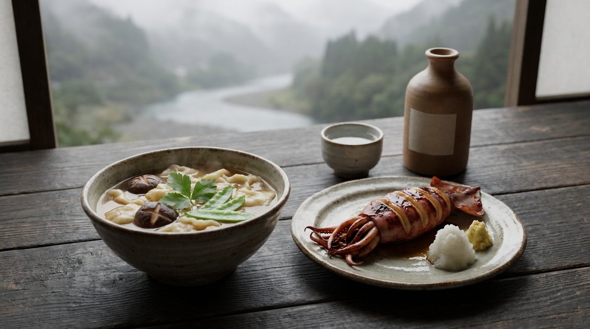 岩手県の郷土料理ひっつみとイカのぽっぽ焼、徳利とぐい呑みに注がれた地酒を並べた食卓