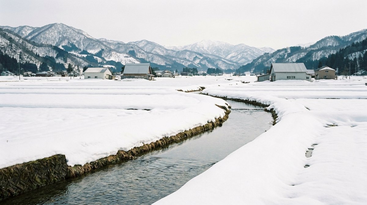 雪に覆われた山並みと田園、雪解け水が流れる小川