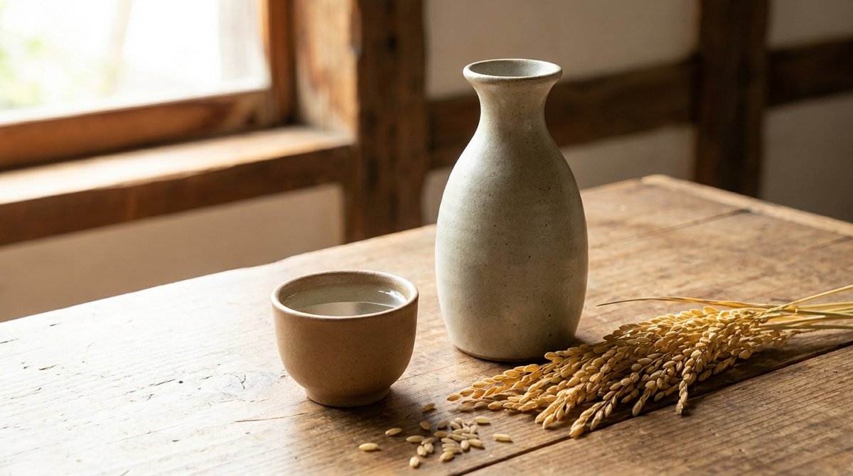 酒米の稲穂と、澄んだ日本酒を注いだ器