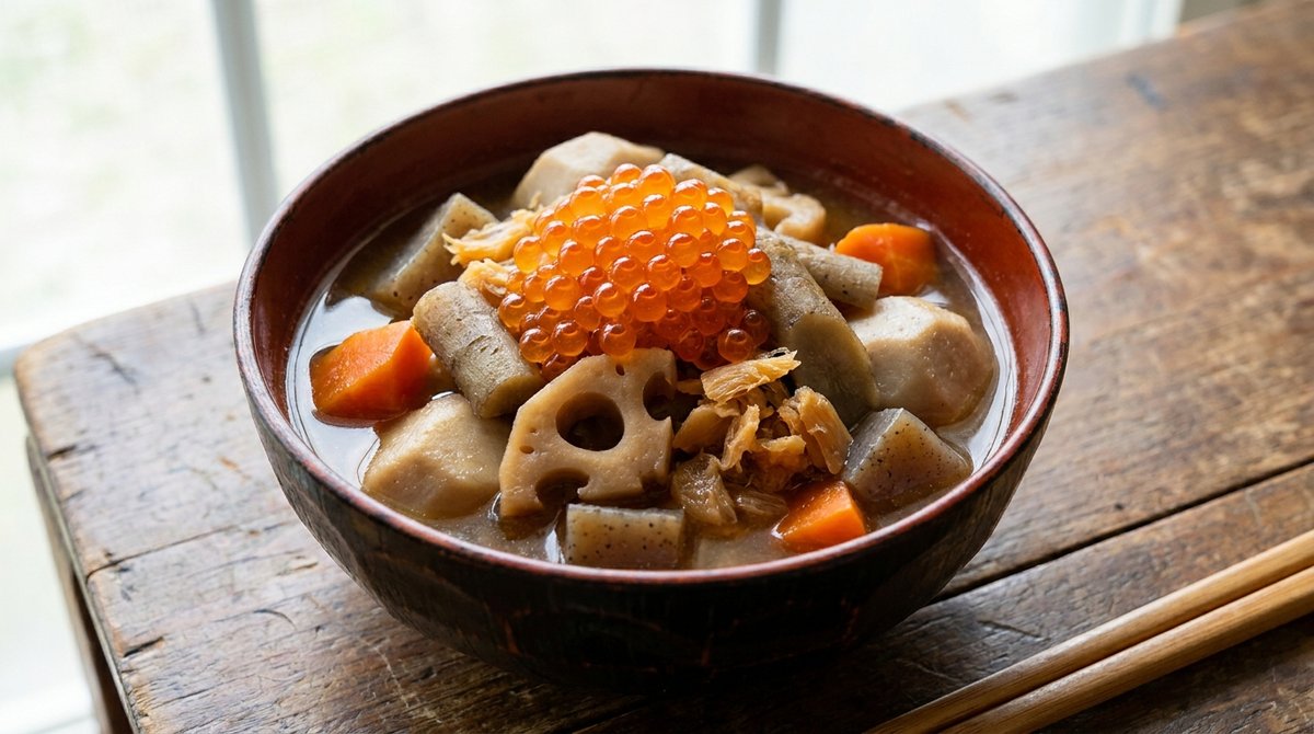 根菜とサトイモを煮てイクラをのせたのっぺ
